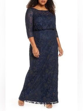 JS Collections Collections Metallic Soutache Blouson Mesh Maxi Gown Navy Blue